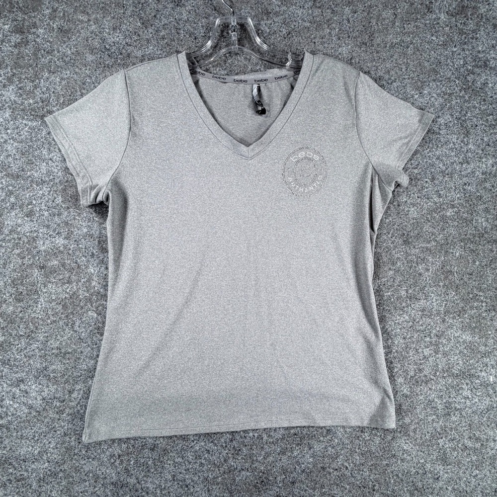 Bebe Sport Authentic T Shirt‎ Womens Medium Gray Rhinestone Embellished Stretch